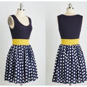 Modcloth Comme Toi Lesson Closely Navy Polka Dot Retro Flare Pocket Dress